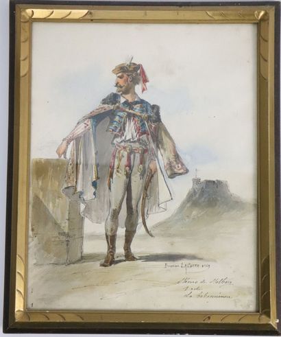 null Eugène LACOSTE (1819 -1903), 
Stemo de Holberg 1er acte de La Bohémienne.
Aquarelle...