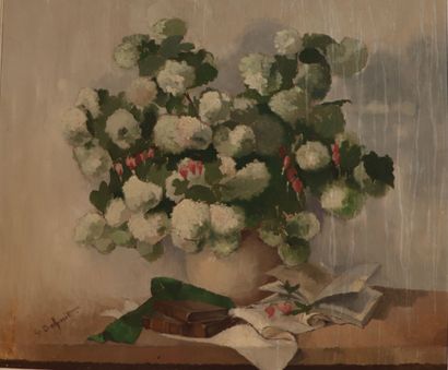 null G. SCHMITT (XXème siècle).
Bouquet de fleurs blanches sur un entablement, "boule...