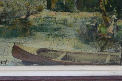 null Armand BRUGNAUD (1899-1961).
Paysage au canoé.
Huile sur panneau, signée en...