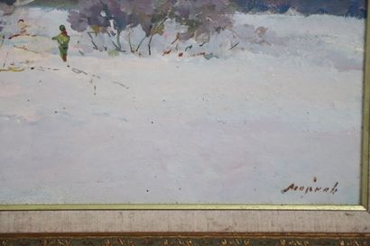 null École russe du XXème siècle.
Les promeneurs à ski.
Huile sur toile.
H_33,4 cm...