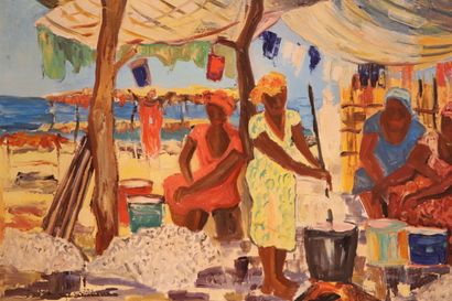 null Alain DUPERAY (Né en 1949).
Le village des pêcheurs. Cap Skiring Sénégal. 
Huile...