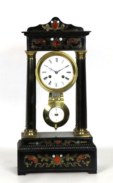 null Portico clock in blackened wood and brass and tortoiseshell marquetry. 
White...