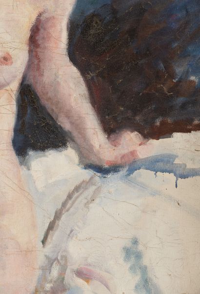 null Simone RAOULT (act.c.1900-1930).
Nude Portrait.
Oil on isorel panel, signed...