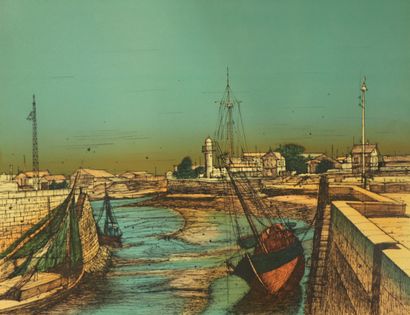 null Jean CARZOU (1907-2000). 
Marée basse à Honfleur. 
Lithographie en couleurs,...