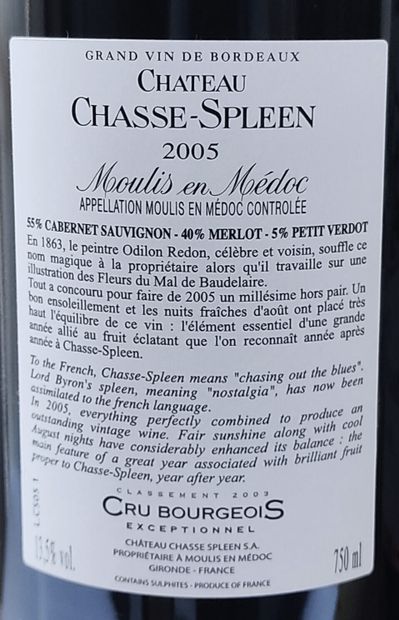 null CHATEAU CHASSE SPLEEN.
Millésime : 2005.
12 bouteilles, CBO