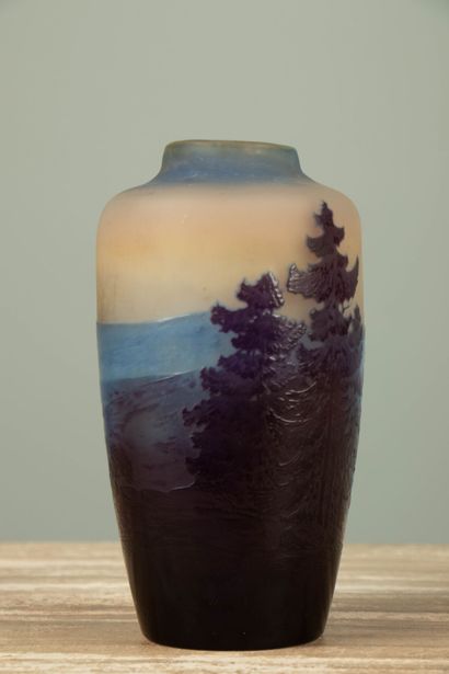 null Établissements GALLE.
Vase en verre multicouches à décor dégagé à l'acide d'un...