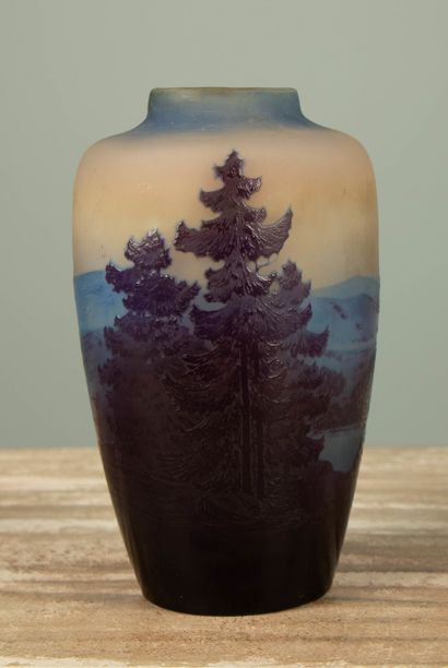 null Établissements GALLE.
Vase en verre multicouches à décor dégagé à l'acide d'un...