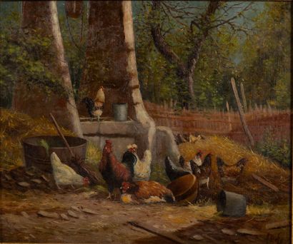 null Alexandre DEFAUX (1826-1900).
Poules et coqs autour d'un puits.
Huile sur toile,...