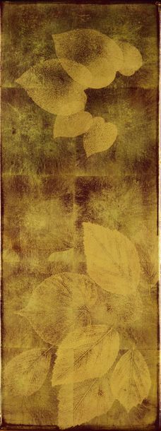 null Katsu HAMANAKA (1895-1982)
	Panneau rectangulaire en bois laqué chamois d’un...
