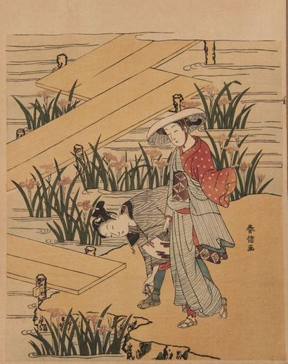 null Quatre reproductions d’estampes, petits formats dont deux d’après Harunobu,...