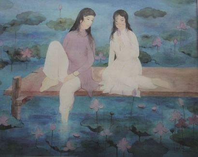 null Dinh THO ( 1931-)
Deux femmes assises, étang au nymphéas
Encre et couleurs sur...