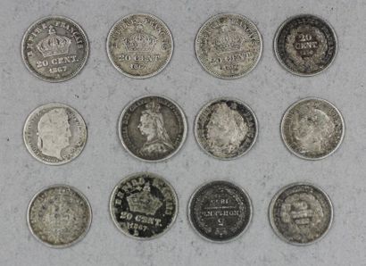 null Dix pièces de 20 centimes Louis-Philippe, 1850 (3),1851(2),1867(4) en argent.
Une...
