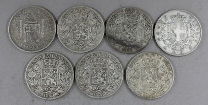 null Cinq pièces de 5 F Belge Léopold II, une pièce de 5 Lire 1874 et une pièce de...