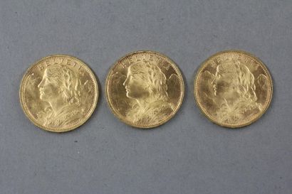 null *Trois pièces de 20 Francs Suisse en or