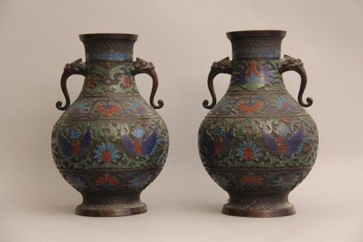 null Paire de vases à anses en bronze et bronze cloisonné, Chine début XXème s.
H...