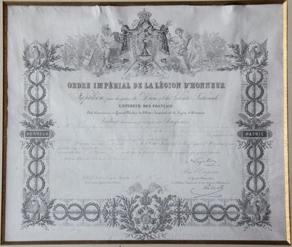 null Certificat de Légion d'honneur daté de 1869, encadré
39 x 45 cm. (pliures)