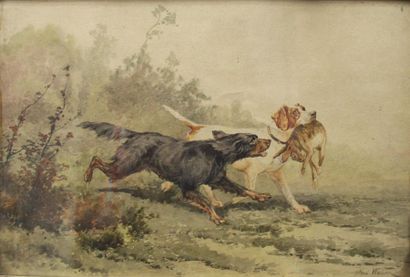 null WEBER Alfred (1859-1931)
Deux chiens de chasse ayant attrapé un lièvre
Aquarelle...