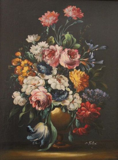 null Ecole moderne 
Paire de bouquets de fleurs dans le goût du XVIIème s. 
Huiles...