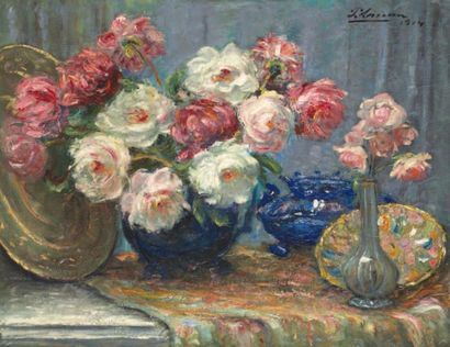 LOISEAU Paul (1893 - ?) Bouquet de fleurs et accessoires sur un entablement, 1914.Huile...