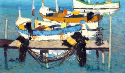 BABOULENE Eugène (1905-1994) « Bateaux au ponton », 1991. Huile sur toile signée...