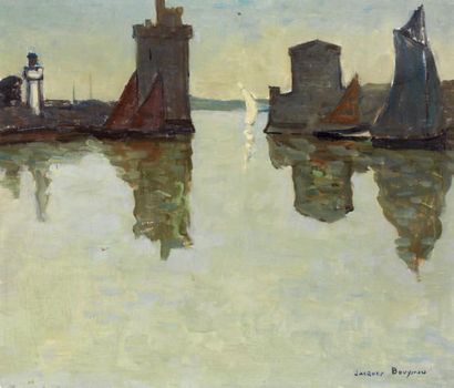 BOUYSSOU Jacques (1926-1997) « Le port de la Rochelle en contre-jour », 1958. Huile...