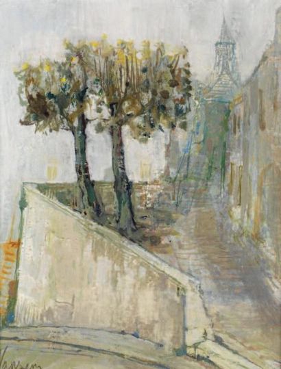 JANSEM Jean (né en 1920) « Les deux arbres du village »Huile sur toile signée en...