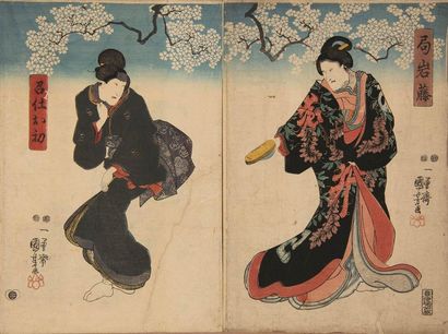 null KUNIYOSHI (1797-1861)
Triptych depicting actors in female roles beside cherry...