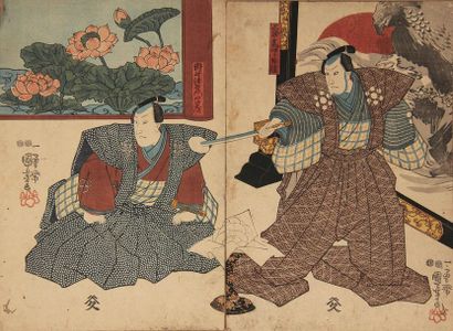null KUNIYOSHI (1797-1861)
Two prints of a triptych depicting actors in samurai ...