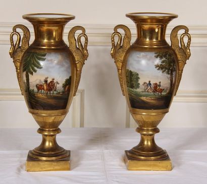null PARIS (hard porcelain) 
Pair of porcelain baluster vases with polychrome and...