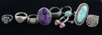 null *Lot of ten silver rings 800°/°°, 835°/°°, 925°/°° and coloured stones, pds...