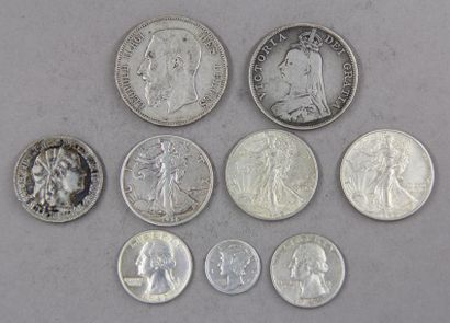 null Lot of silver coins:
one Belgian 5 F coin 1873, one Victoria 1 florin coin 1888,...