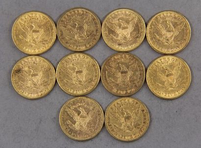 null *Ten gold $5 coins 1880(2), 1881(4), 1882, 1887(3)