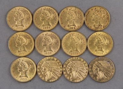 null *Douze pièces de 5 dollars en or 1886, 1894, 1895, 1899, 1900(2), 1901, 1902,...