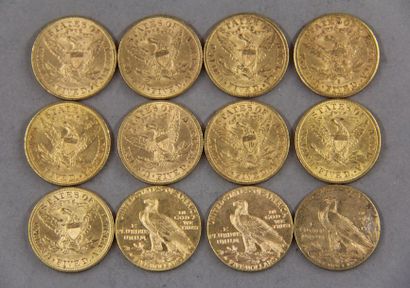 null *Douze pièces de 5 dollars en or 1886, 1894, 1895, 1899, 1900(2), 1901, 1902,...