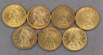 null Sept pièces de 10 dollars en or 1881,1882,1897,1898,1899,1902,1907
