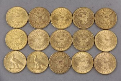 null *Quinze pièces de 10 dollars en or, 1880, 1881(2), 1882, 1887, 1891,1893, 1899(2),...
