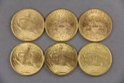 null *Six pièces de 20 dollars en or 1888, 1904, 1909, 1915, 1924, 1925