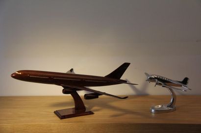 null Deux maquettes d'avion en bois naturel et métal chromé
L. du plus grand : 55...