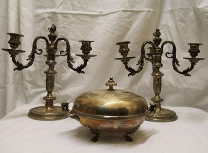 Lot in silver plated metal: - Pair of candelabra...