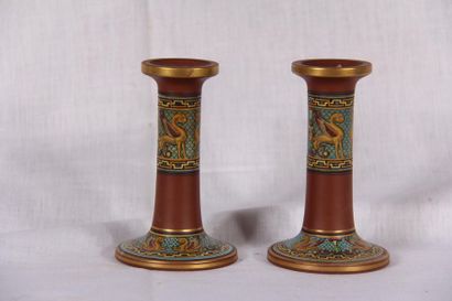 Pair of terracotta candleholders decorated...