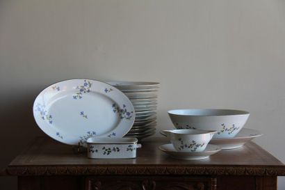null White porcelain dinner service with blueberry and gold edging decoration