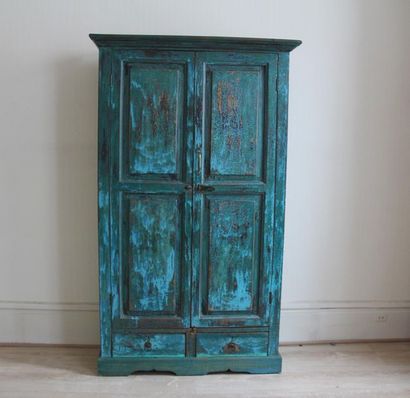 null Armoire en bois naturel vert-bleu ouvrant à deux portes et deux tiroirs
H :...