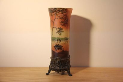 null LEGRAS Tubular glass
vase with lake landscape decoration on green background,...