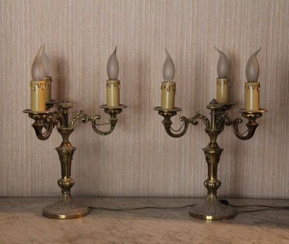 null Pair of three-light bronze candelabra, mounted as a lamp