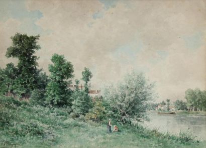 null *François de MESGRIGNY (1836-1884)
Bord de rivière animée
Aquarelle signée en...