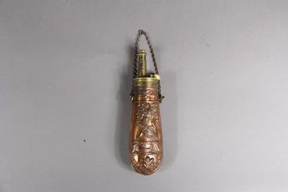 Embossed brass powder flask with hunting...