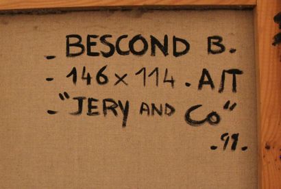 null Béatrice BESCOND (1956-)
Jery and co
Huile sur toile signée et datée 99 en bas...