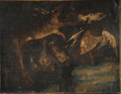 null Ecole du XIXème s.
Nature-morte aux lièvres
Huile sur toile 
74 x 95 cm. (accidents,...