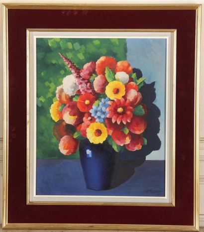 null R. BUSCH
Bouquet de fleurs dans un vase bleu
Huile sur toile signée en bas à...