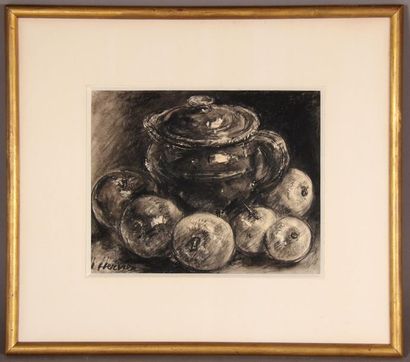 null Louise HERVIEU (1878-1954)
Nature-morte au pot et pommes
Fusain, lavis d'encre...